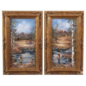 Pair Of Ornate Framed MCM Oil Paintings Jay Bird Pastoral Children Fishing Set